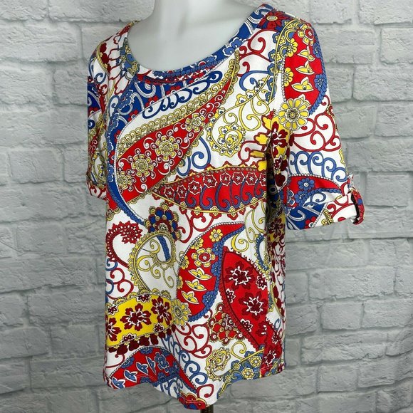Talbots Large Excellent Top Paisley Red Blue Yellow Short Sleeve Stretch Cotton - Picture 4 of 10